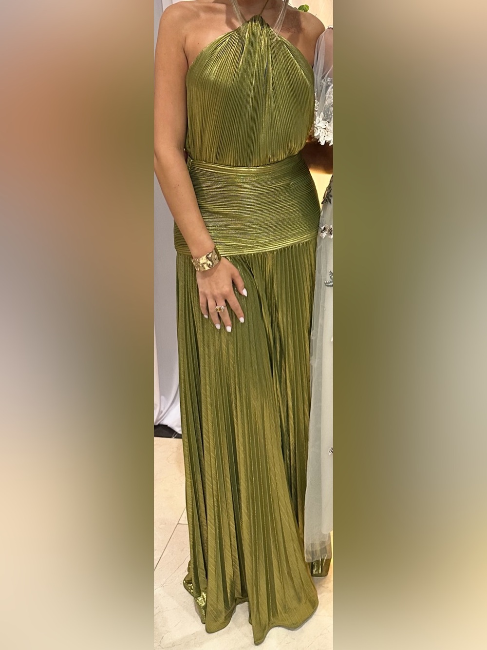 Retrofete Metallic Olive Halter Pleated Maxi Dress